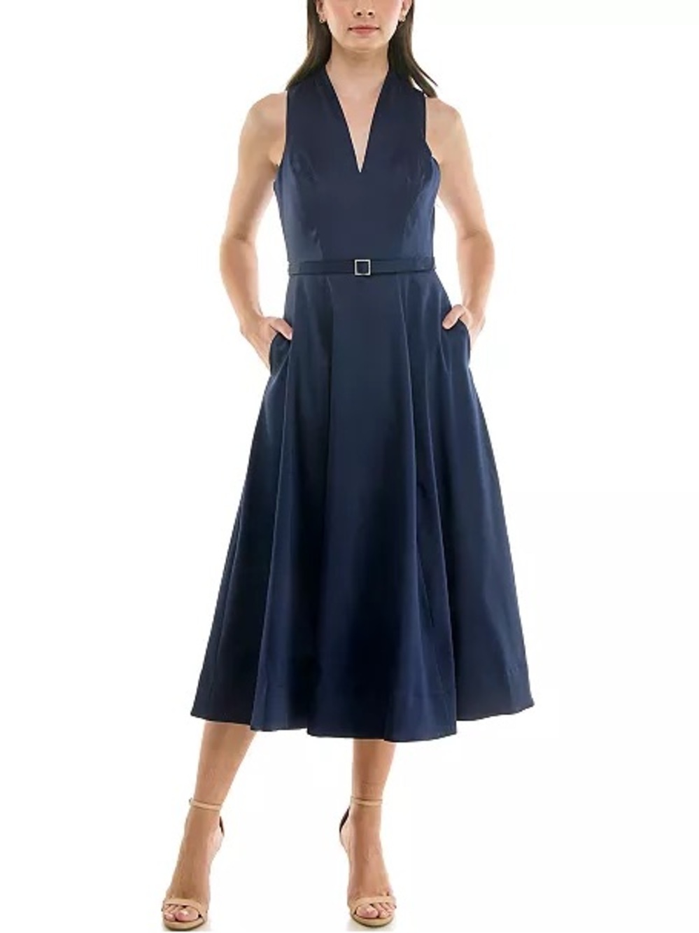 Taylor Sleeveless Navy Midi Dress with Jeweled Belted Waist Sz10